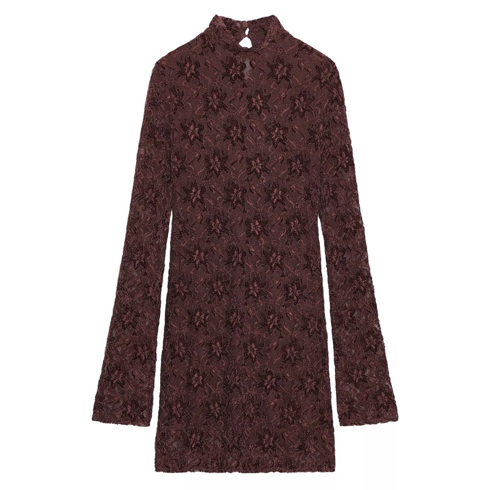 ZARA Soft Touch Lace Mini Dress Burgundy Long Sleeve Mock Neck Size S